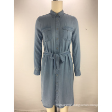 fashion tencel denim fabric belt ladies shirt dress